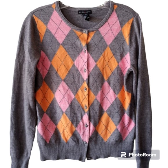 Argyle Cardigan Sweater Metal Buttons L Gray Multi Fancy - Picture 5 of 9